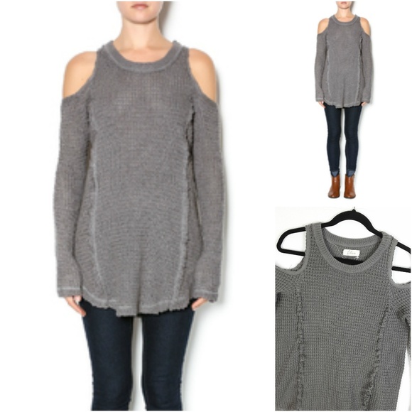 Elan Sweaters - Elan Cold Shoulder Sweater Frayed Edges Gray S